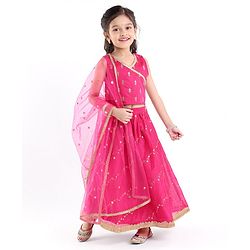 Babyhug Sleeveless Front Overlap Embroidered Choli With Lehenga And Dupatta Set-Fuschia
