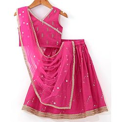 Babyhug Sleeveless Front Overlap Embroidered Choli With Lehenga And Dupatta Set-Fuschia