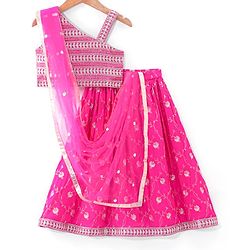 Babyhug Woven Sleeveless Choli Lehenga & Dupatta Set With Floral Printed With Embroidered - Fuschia