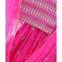 Babyhug Woven Sleeveless Choli Lehenga & Dupatta Set With Floral Printed With Embroidered - Fuschia