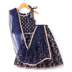 Babyhug Velvet Sleeveless Embroidered Choli with Foil Printed Lehenga and Dupatta Set - Navy Blue