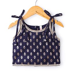 Babyhug Velvet Sleeveless Embroidered Choli with Foil Printed Lehenga and Dupatta Set - Navy Blue