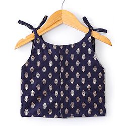 Babyhug Velvet Sleeveless Embroidered Choli with Foil Printed Lehenga and Dupatta Set - Navy Blue