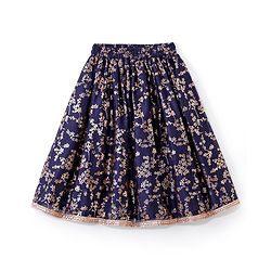 Babyhug Velvet Sleeveless Embroidered Choli with Foil Printed Lehenga and Dupatta Set - Navy Blue