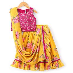 Babyhug Sleeveless Embroidered Choli with Floral Printed Lehenga and Dupatta Set - Yellow