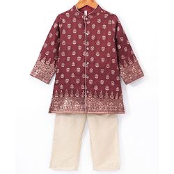 Babyhug Full Sleeves Brocade Embroidered Kurta Pyjama Set - Maroon