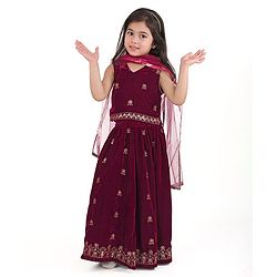 Babyhug Sleeveless Velvet Embroidered Lehenga Choli and Dupatta Set - Maroon