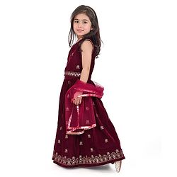 Babyhug Sleeveless Velvet Embroidered Lehenga Choli and Dupatta Set - Maroon