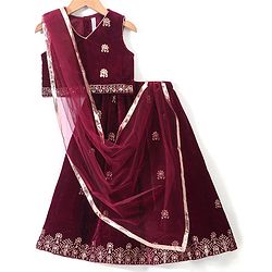 Babyhug Sleeveless Velvet Embroidered Lehenga Choli and Dupatta Set - Maroon