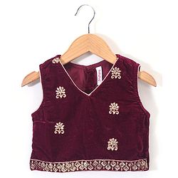 Babyhug Sleeveless Velvet Embroidered Lehenga Choli and Dupatta Set - Maroon