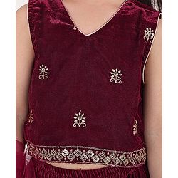 Babyhug Sleeveless Velvet Embroidered Lehenga Choli and Dupatta Set - Maroon