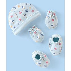 Babyhug 100% Cotton Knit Cap Mittens & Booties Set with Star Fish Print - Blue