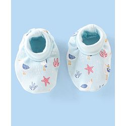 Babyhug 100% Cotton Knit Cap Mittens & Booties Set with Star Fish Print - Blue