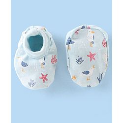 Babyhug 100% Cotton Knit Cap Mittens & Booties Set with Star Fish Print - Blue