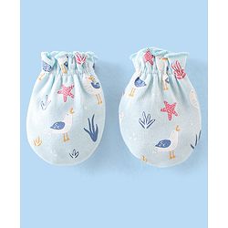 Babyhug 100% Cotton Knit Cap Mittens & Booties Set with Star Fish Print - Blue