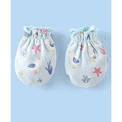 Babyhug 100% Cotton Knit Cap Mittens & Booties Set with Star Fish Print - Blue
