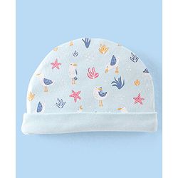 Babyhug 100% Cotton Knit Cap Mittens & Booties Set with Star Fish Print - Blue