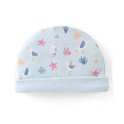 Babyhug 100% Cotton Knit Cap Mittens & Booties Set with Star Fish Print - Blue