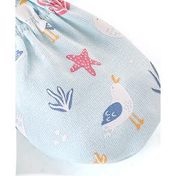 Babyhug 100% Cotton Knit Cap Mittens & Booties Set with Star Fish Print - Blue