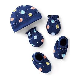 Babyhug 100% Cotton Interlock Knit Cap Mittens & Booties Set with Space Print - Navy Blue