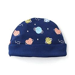 Babyhug 100% Cotton Interlock Knit Cap Mittens & Booties Set with Space Print - Navy Blue