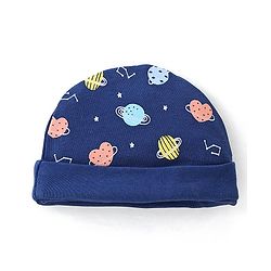Babyhug 100% Cotton Interlock Knit Cap Mittens & Booties Set with Space Print - Navy Blue