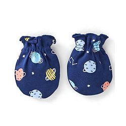 Babyhug 100% Cotton Interlock Knit Cap Mittens & Booties Set with Space Print - Navy Blue