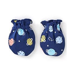 Babyhug 100% Cotton Interlock Knit Cap Mittens & Booties Set with Space Print - Navy Blue
