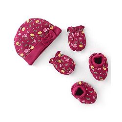 Babyhug 100% Cotton Knit Cap Mittens & Booties Set with Floral Print - Red