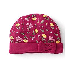 Babyhug 100% Cotton Knit Cap Mittens & Booties Set with Floral Print - Red