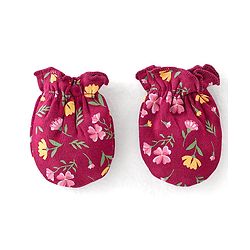 Babyhug 100% Cotton Knit Cap Mittens & Booties Set with Floral Print - Red