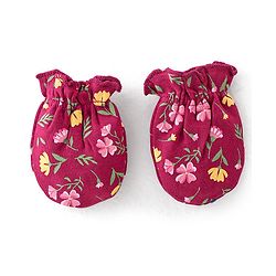Babyhug 100% Cotton Knit Cap Mittens & Booties Set with Floral Print - Red