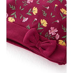 Babyhug 100% Cotton Knit Cap Mittens & Booties Set with Floral Print - Red