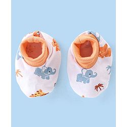 Babyhug 100% Cotton Knit Cap Mittens & Booties Wild Animal Print - White