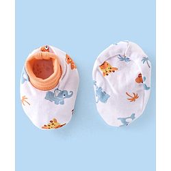 Babyhug 100% Cotton Knit Cap Mittens & Booties Wild Animal Print - White