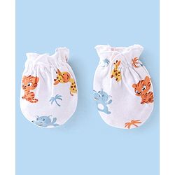 Babyhug 100% Cotton Knit Cap Mittens & Booties Wild Animal Print - White