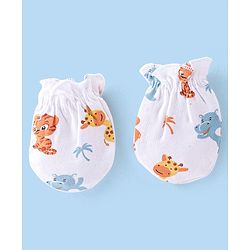 Babyhug 100% Cotton Knit Cap Mittens & Booties Wild Animal Print - White