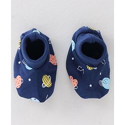 Babyhug 100% Cotton Interlock Knit Mittens & Booties Set Space Print - Navy Blue