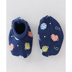 Babyhug 100% Cotton Interlock Knit Mittens & Booties Set Space Print - Navy Blue
