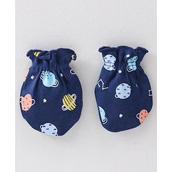 Babyhug 100% Cotton Interlock Knit Mittens & Booties Set Space Print - Navy Blue
