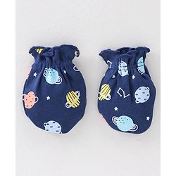 Babyhug 100% Cotton Interlock Knit Mittens & Booties Set Space Print - Navy Blue