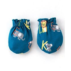 Babyhug 100% Cotton Knit Elephant Print Mittens and Booties - Green