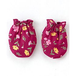 Babyhug 100% Cotton Knit Floral Print Mittens and Booties - Red