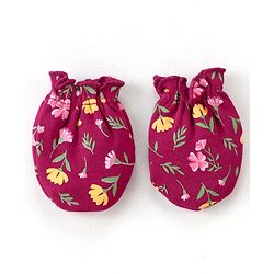 Babyhug 100% Cotton Knit Floral Print Mittens and Booties - Red