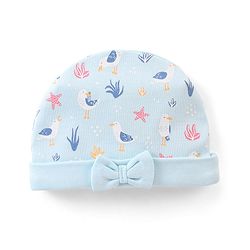 Babyhug 100% Cotton Knit Bird Print Cap with Bow Applique - Blue