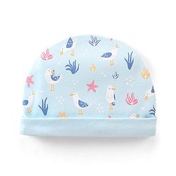 Babyhug 100% Cotton Knit Bird Print Cap with Bow Applique - Blue