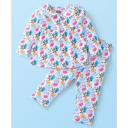 Babyhug Cotton Knit Full Sleeves Night Suit With Floral Print - White