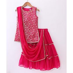 Babyhug Sleeveless Brocade Top & Sequined Georgette Lehenga with Lace Border Dupatta - Hot Pink