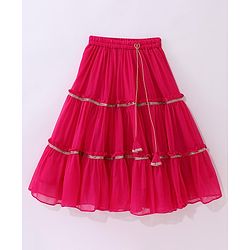 Babyhug Sleeveless Brocade Top & Sequined Georgette Lehenga with Lace Border Dupatta - Hot Pink