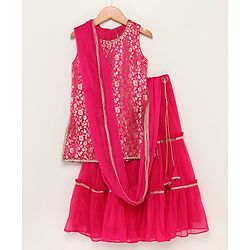 Babyhug Sleeveless Brocade Top & Sequined Georgette Lehenga with Lace Border Dupatta - Hot Pink